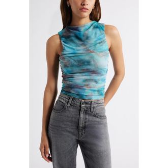Open Edit Ruched Mesh Tank Top in Blue Mineral at Nordstrom Rack, Size X-Small