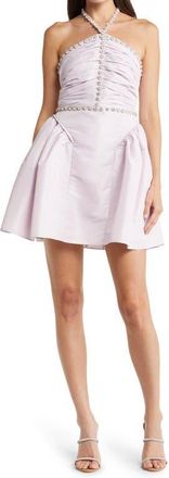 Self Portrait Diamante Detail Halter Neck Taffeta Dress in Lilac at Nordstrom, Size 0