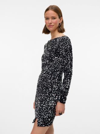 Vero Moda Midikleid VERO MODA VMBELLA LS SHORT SQ DRESS JRS GA, Damen, Gr. M, N-Gr, schwarz detail:silber sequins, Jersey, Obermaterial: 100% Polyester, Glitzer