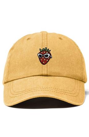 Dalix Strawberry Embroidered Casual Cap in Washed Gold at Nordstrom