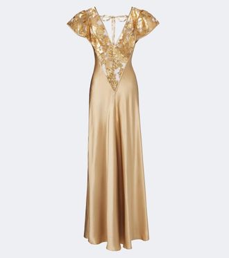 Rodarte Lace-trimmed sequined silk satin gown