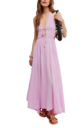 Free People Angel Plunge Halter Neck Maxi Dress in Lilac Bouquet at Nordstrom, Size X-Large