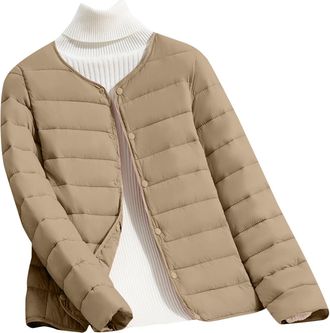 Generic Outdoor Puffer Jacket Lightweight Packable Padded Jackets for Women Collarless Button Down Quilted Puffer Jacket Plus Size Compressible Down Feather C