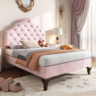 Matteo Velvet Upholstered Bed 90*190 with Adjustable Headboard, Pink | Size: Single