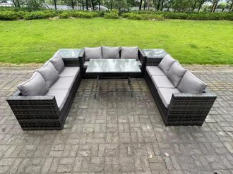 Fimous 9 Seater Rattan Outdoor Furniture Sofa Garden Dining Set with Patio Dining Table 2 Side Tables Dark Grey
