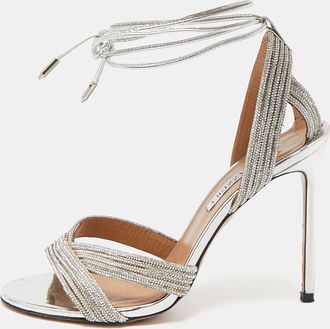 Aquazzura Silver Leather Crystal Embellished Ari Ankle Wrap Sandals