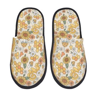 Generic Fleece Slippers Retro 70S 60S Flower Mushroom Cozy Cotton Slippers Portable House Shoes For Indoor Hotel Bedroom M