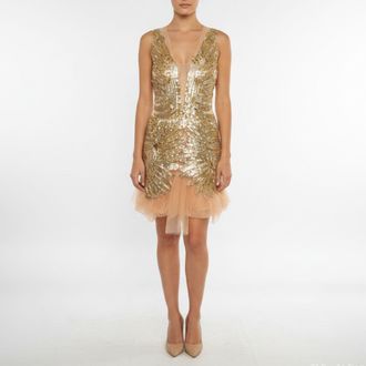Elisabetta Franchi Beige Tulle Abito Ricamato Embroidered Dress