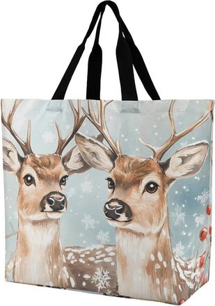 Generic Two Deers with Red Berries Reusable Shopping Bags One Shoulder Grocery Tote Bag Waterproof Big Purse for Work Travel