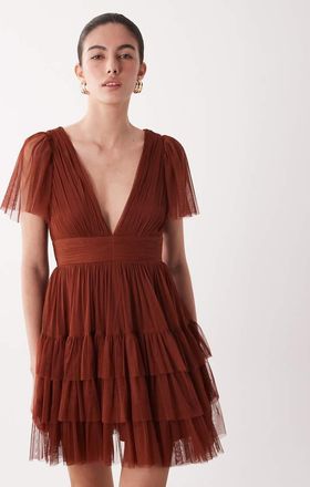 Lace & Beads Vestito corto a balze in tulle color ruggine con maniche con volant e scollo a V-Arancione