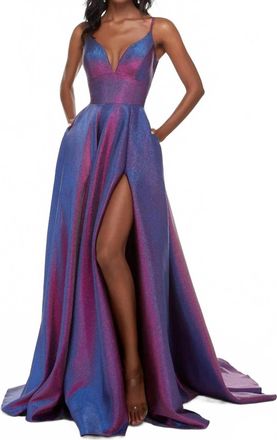Alyce Paris Plunging Neck Long Sexy Dress In Blueberry