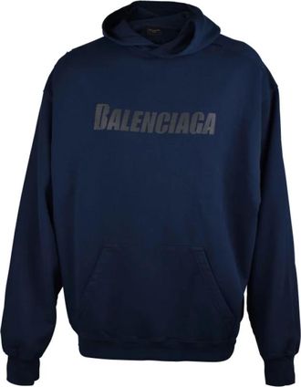 Balenciaga Hoodies & sweatvesten, Heren, Blauw, M, Katoen, Destroyed Logo-Print Hoodie
