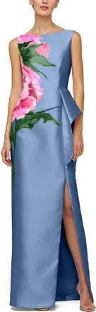 Kay Unger Luciana Placed Floral Column Gown in Pearl Blue Multi at Nordstrom, Size 18