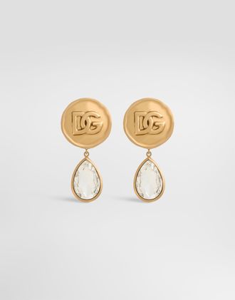 Dolce & Gabbana Earrings With Logo Coin And Rhinestone Pendants - Woman Bijoux Gold Metal Onesize