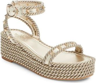 Valentino Garavani Rockstud Ankle Strap Espadrille Platform Sandal in Platino at Nordstrom, Size 41