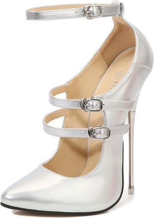 Generic Silver,7.5 UK,Womens Pumps Pointy Closed Toe Stiletto high Heels with Double Ankle Straps Patent Leather Wedding Party Prom Dress Shoes