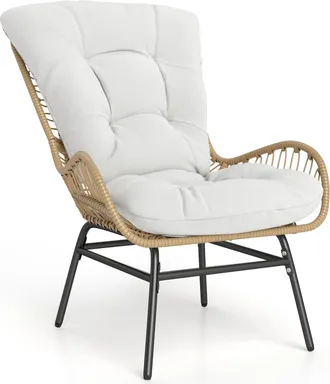 Costway Poltrona Da Giardino In Rattan, Sedia Da Pranzo Da Esterno In Rattan Con Morbido Cuscino E Struttura In Metallo, Portata 180 Kg