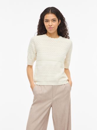 Vila Kurzarmpullover VILA VIMILOS S/S O-NECK POINTELLE TOP - NOOS, Damen, Gr. XXL, whisper wei&szlig;, Strick, Obermaterial: 52% Viskose, 28% Polyester, 20% Poly