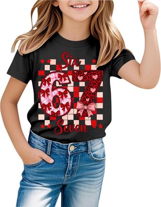 Generic Graphic T-Shirts for Girls UK 67 Six Seven Meme Cute Number Print Cotton Top Short Sleeve Crewneck Funny Tee for School Party Festive Stocking Filler 