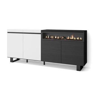 Skraut Home Aparadores Para Sal&oacute;n, Gran Capacidad De Almacenaje, 200x87x35cm, 4 Puertas, Chimenea El&eacute;ctrica, Dise&ntilde;o Industrial, Estilo Moderno, Blanco Y Negro - S