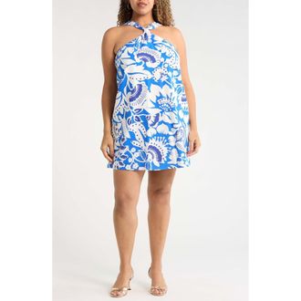 Sugarlips Ronan Floral Amory Halter Minidress in Blue-White at Nordstrom, Size 2X