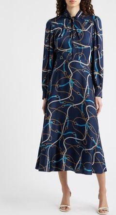 Elie Tahari The Raquel Placed Floral Long Sleeve Silk Blend Dress in Denim Chain Print at Nordstrom, Size 16