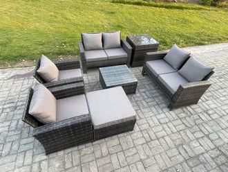 Fimous Rattan Garden Furniture Set 7 Seater Patio Outdoor Lounge Sofa Set with Square Coffee Table Double Seat Sofa Side Table in Dark Grey