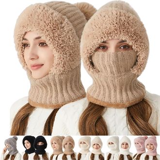 Generic 3 in 1 Beanie Hat for Women, Windproof Scarf Hat, Winter Hats for Women Cold Weather, Warm Snow Hats (UK, Alpha, One Size, with Ball on Top - Khaki)