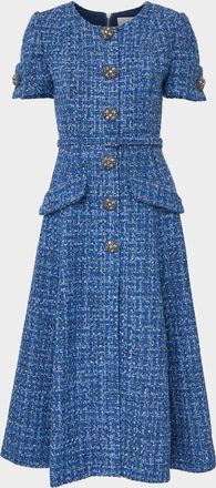 Carolina Herrera Crystal Button-Front Tweed Midi Dress With Belt