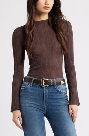 Open Edit Open Stitch Linen Blend Mock Neck Sweater in Brown Seal at Nordstrom, Size Xx-Small