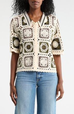 Forgotten Grace Open Knit Square Short Sleeve Cardigan in Natural/Black at Nordstrom Rack, Size X-Large