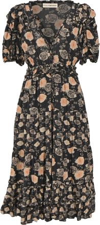 Ulla Johnson Midi V-Neck Floral Print With Ruffle Details Dress in Black Cotton