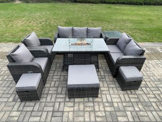 Fimous 10 Seater PE Wicker Outdoor Rattan Garden Furniture Set Propane Gas Fire Pit Table & Sofa Chair set with 3 Footstools Side Table in Dark Grey
