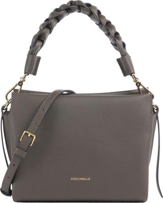 Coccinelle Structured Grey Grained Leather Shoulder Bag with Braided Handle