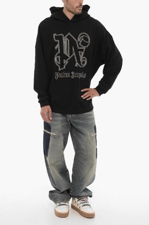 Palm Angels Felpa Hoodie in Cotone Garzato con Logo Ricamato Palm Angels