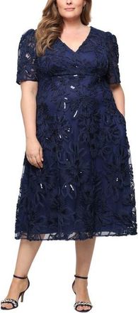 Alex Evenings Embroidered Sequin Soutache A-Line Midi Cocktail Dress in Navy at Nordstrom, Size 18W