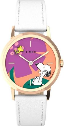 Timex x Peanuts Marlin Snoopy Floral Leather Strap Watch, 34mm in Purple Multi/white at Nordstrom