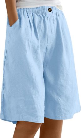 Generic Bermuda Shorts for Women Wide Leg Linen Knee Length Summer Casual Long Shorts Loose High Waisted Short with Pockets