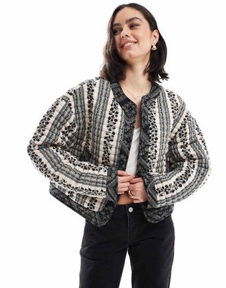 Asos cropped quilted patchwork jacket in black and white floral-Multi