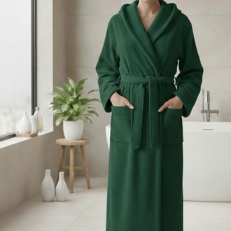Dmora Bata De Ba&ntilde;o Satoka, 100% Algod&oacute;n Con Capucha, Talla M, Verde
