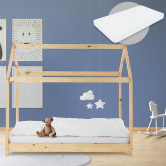 ML Design Ml-design - Cama Infantil Natural Con Colch&oacute;n De Espuma Fr&iacute;a Hipoalerg&eacute;nica 80x160 Cm Techo Somier Estructura Listones De Madera Maciza De Pino Para N