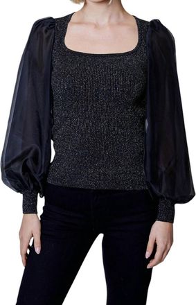 dh New York Long Sleeve Mixed Media Lurex Top In Black