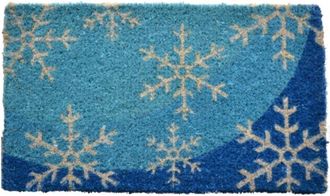 Imports Decor Blue Snowflake Coir Door Mat, Handwoven Coconut Fiber Doormat with Winter Design, Weather Resistant Indoor Outdoor Entrance Rug