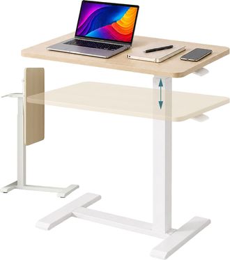 Relaxdays Escritorio De Pie Relaxdays, 66-100,5 Cm Ajustable, Ruedas Ocultas, Mesa Abatible En C Para Port&aacute;til, Blanco/natural