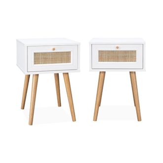 Sweeek Juego de 2 mesillas de noche blancas on efecto ca&ntilde;a