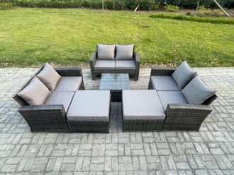 Fimous 8 Seater Outdoor Rattan Garden Furniture Set Conservatory Patio Sofa Coffee Table Set with 2 Big Footstool Dark Grey Mixed