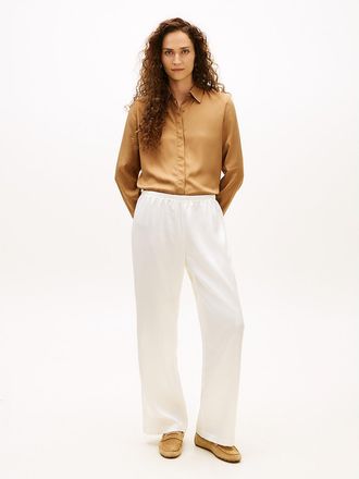 Tommy Hilfiger Womens Stretch Satin Pull-On Wide-Leg Pant - Ivory Silk - L