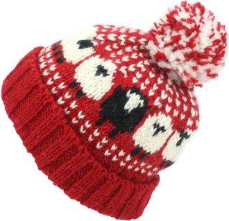 Loud Elephant Loud Hats Wool Knit Bobble Beanie Hat Sheep Pattern & Black Sheep - Red White, One Size