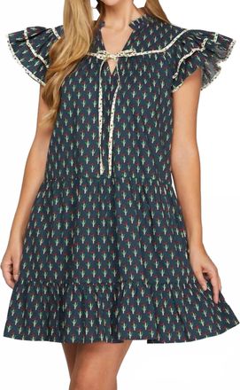 She + Sky Floral Print Ruffle Sleeve Mini Dress In Blue