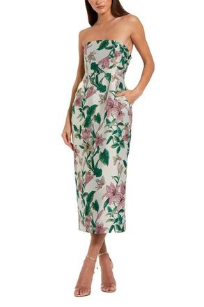 Mac Duggal Petite Floral Brocade Strapless Fitted Midi Dress in Lily at Nordstrom, Size 12P